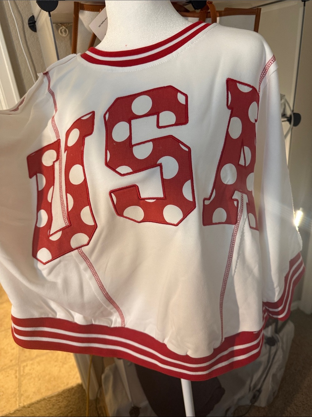 Women’s White Crewneck Sweater with Red Polka Dot USA Appliqué
